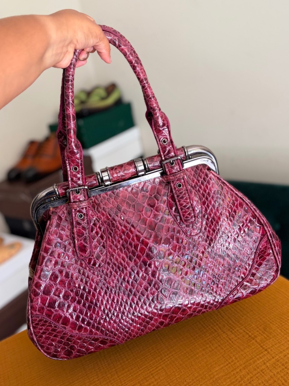 *Pre-Loved* Burgundy Snake Embossed Frame Satchel Handbag Silver Hardware